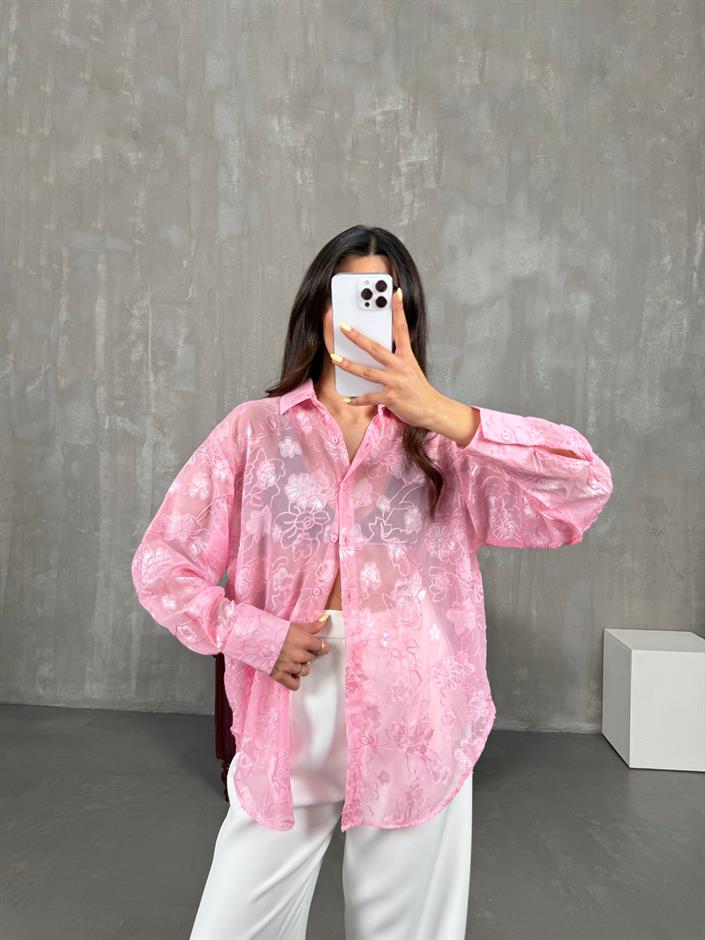 Pembe Desenli Jakarlı Transparan Gömlek Gaus00139