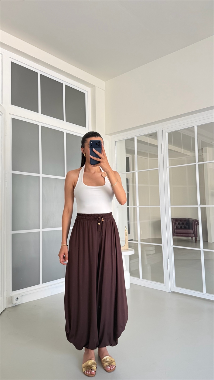 Kahve Boncuk İpli Modal Kumaş Şalvar Pantolon GAUS-01676