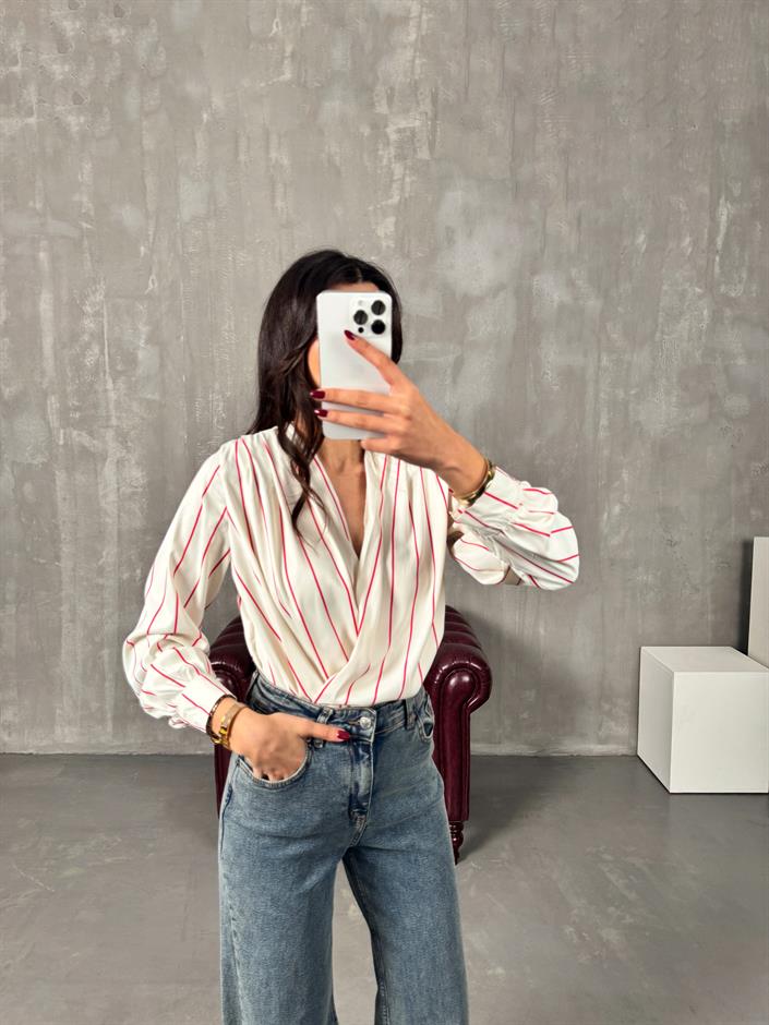 Fanya Kırmızı Çizgili Ekru Saten Vatkalı Bodysuit