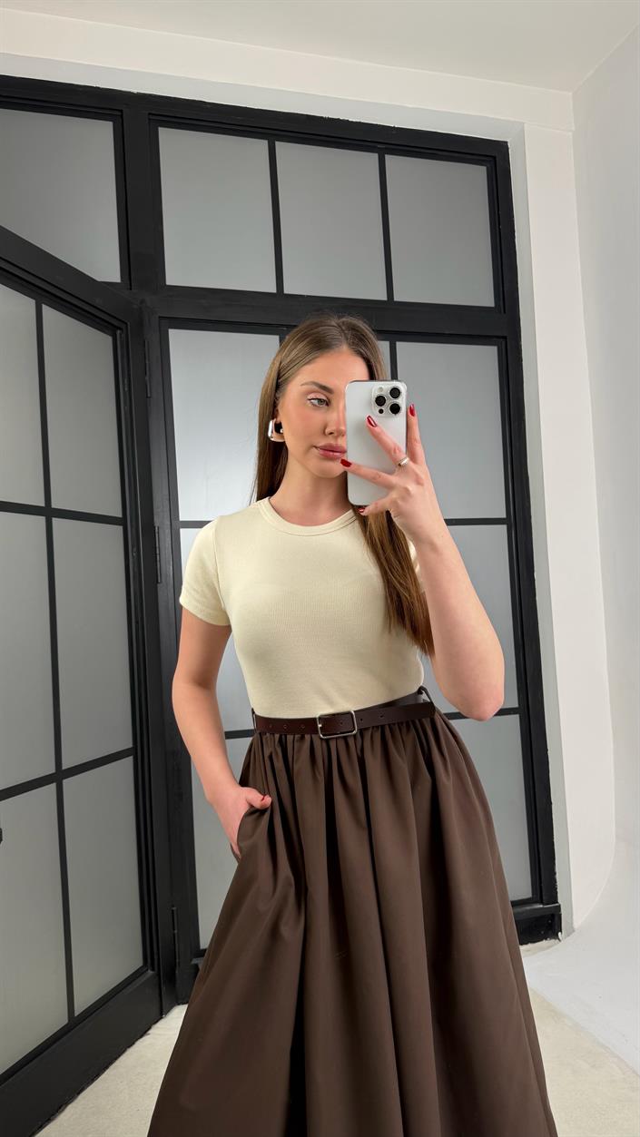 Kahve Kısa Kol Beli Lastikli Kemerli Elbise GAUS-01246