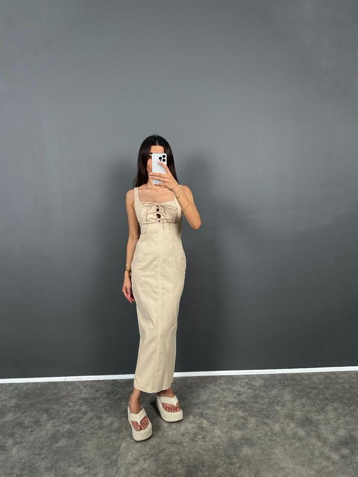 Forel Taş Arka Yırtmaçlı Gabardin Elbise