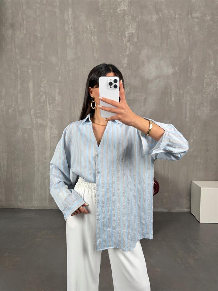 Patis Bebe Mavi Gri Çizgili V Yaka Oversize Gömlek