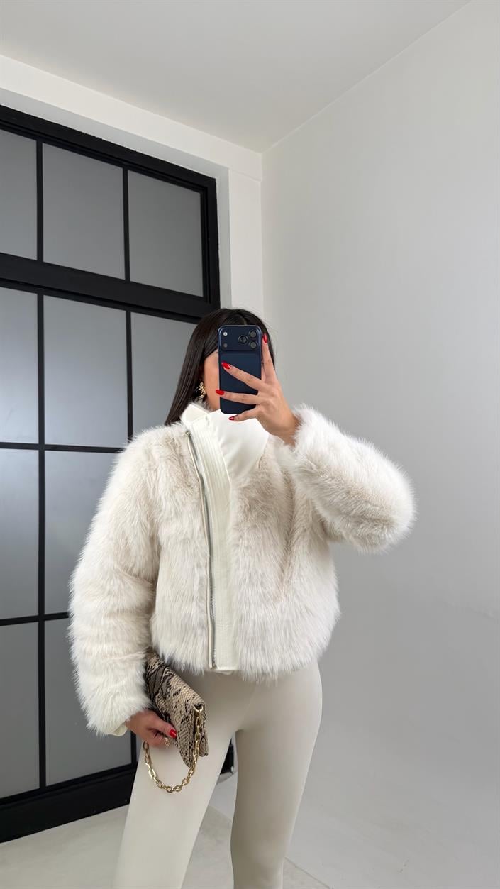 Krem Astarlı Deri Detaylı Kürk Ceket GAUS-01017