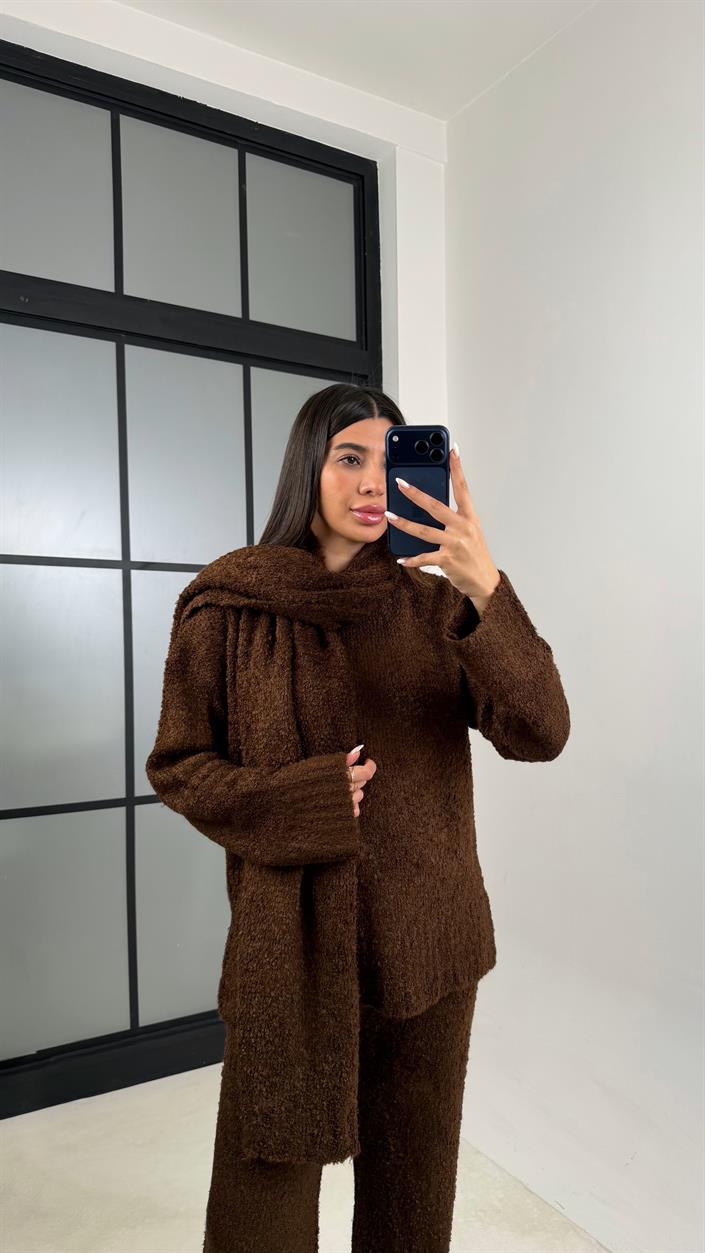 Kahve Atkı Detaylı Kazak Beli Lastikli Pantolon 3Lü Yumuşak Dokulu Triko Takım GAUS-00654