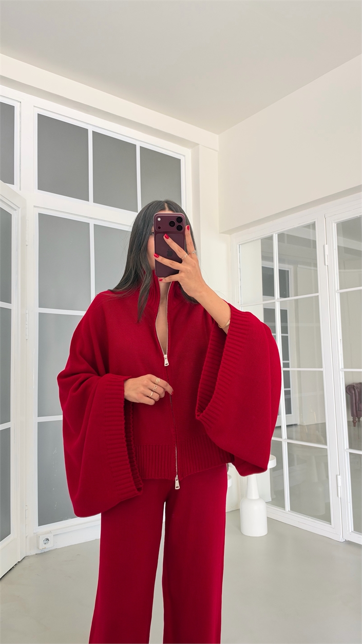 Kırmızı Yarasa Kol Hırka Beli Lastikli Pantolon İkili Triko Takım GAUS-02238