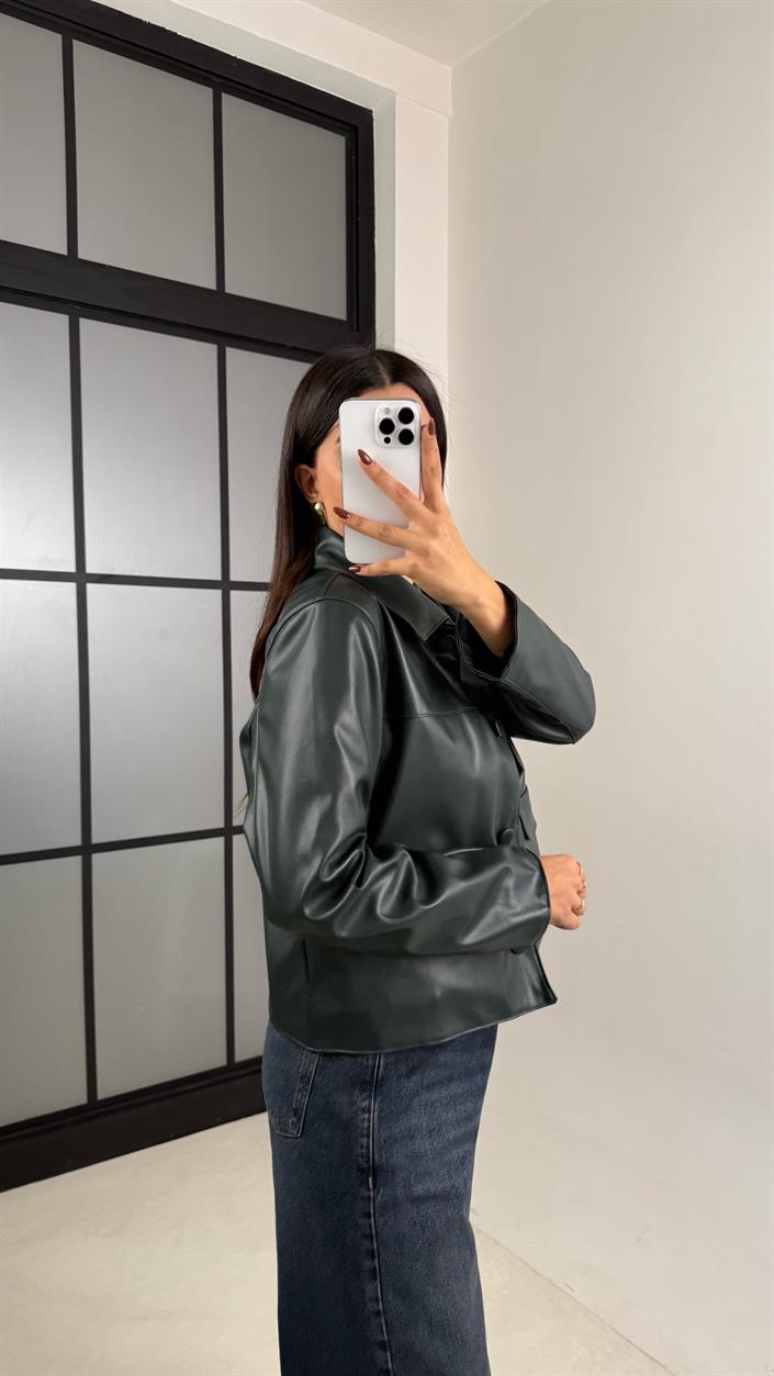 Haki Astarlı Cep Detaylı Deri Ceket GAUS-00339