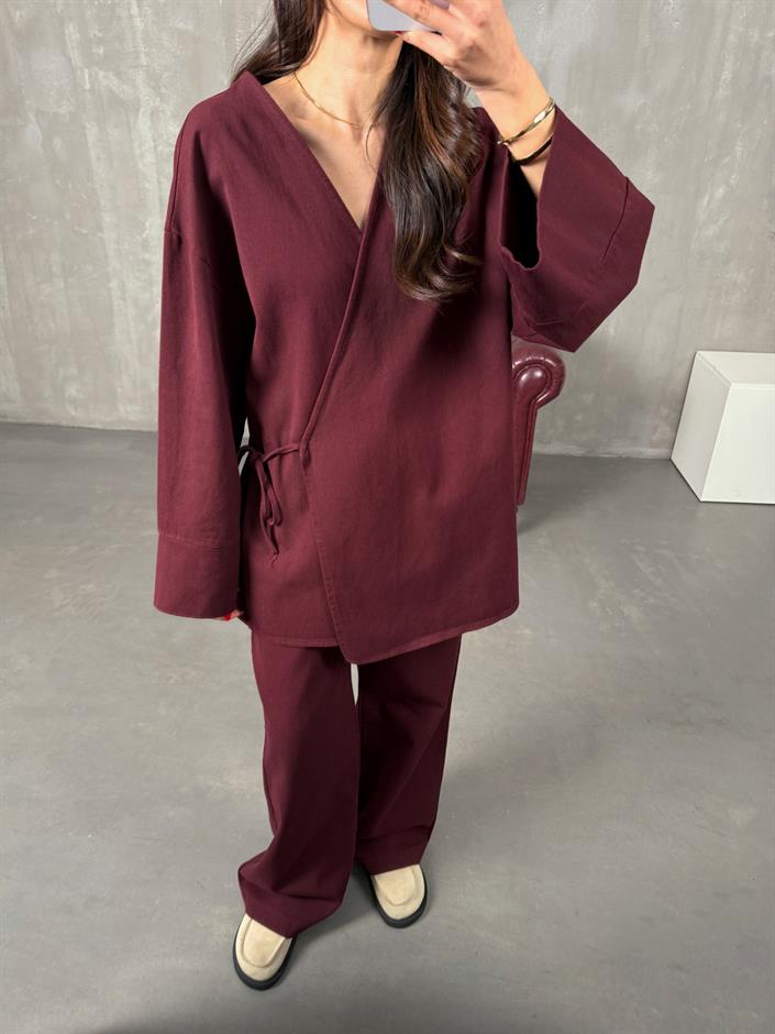 Rozali Bordo Gabardin Kimono İkili Takım