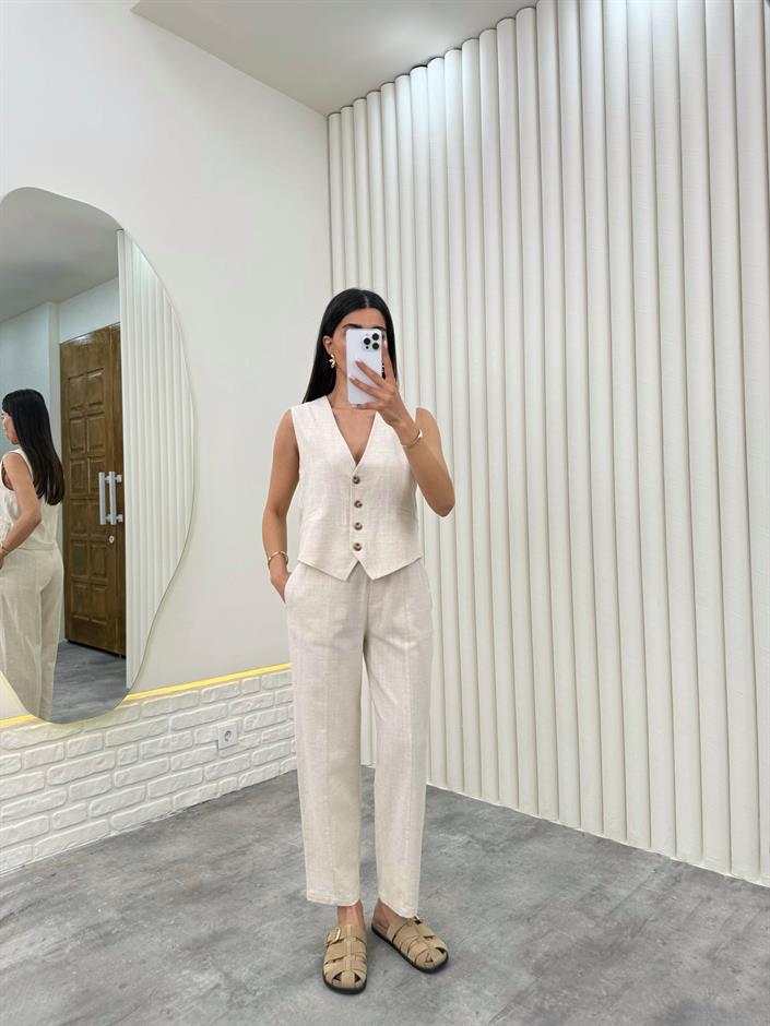 Taş Yelekli Beli Lastikli Pantolon İkili Keten Takım Gaus00276