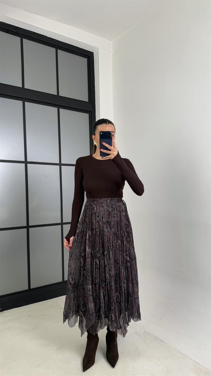 Mürdüm Etnik Desenli Astarlı Şifon Etek GAUS-00788