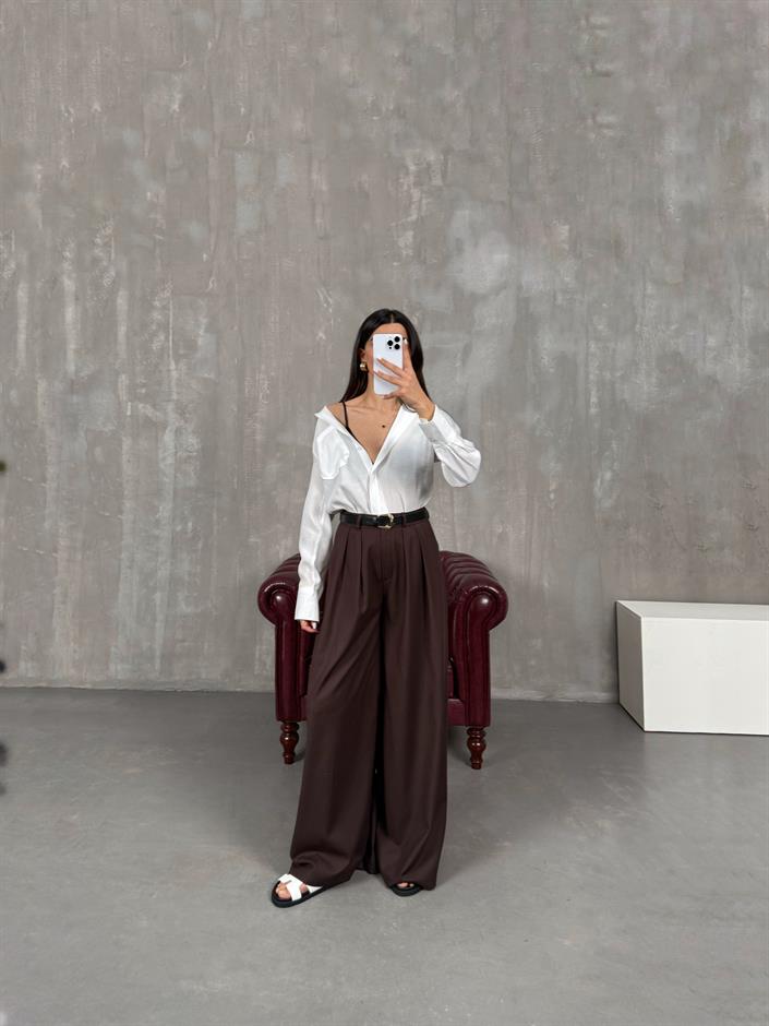 Acı Kahve Kemerli Bol Paça Pantolon Gaus00076