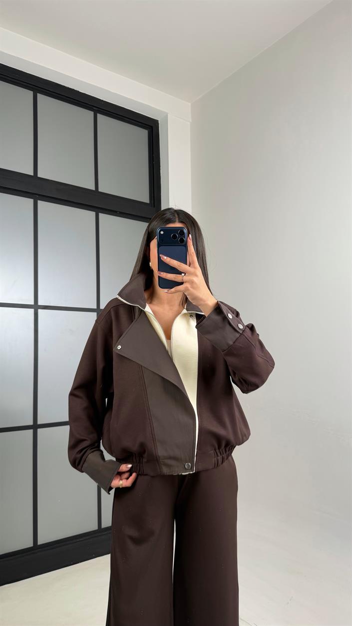 Acı Kahve Çıtçıt Düğmeli Ceket Pantolon Paraşüt Kumaş Detaylı Modal Takım GAUS-01075