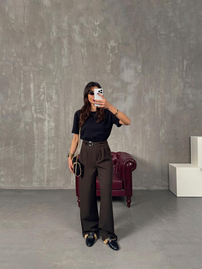 Mocha Acı Kahve Kemer Detaylı Palazzo Pantolon