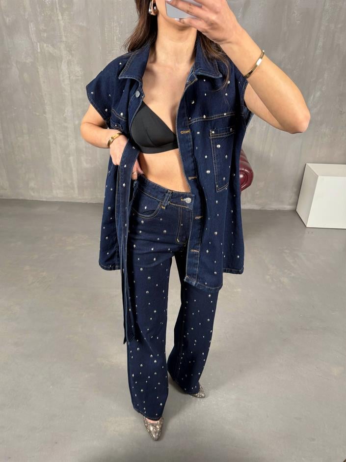 Hespi Lacivert Zımbalı Kuşaklı Yelek Pantolon Denim Takım