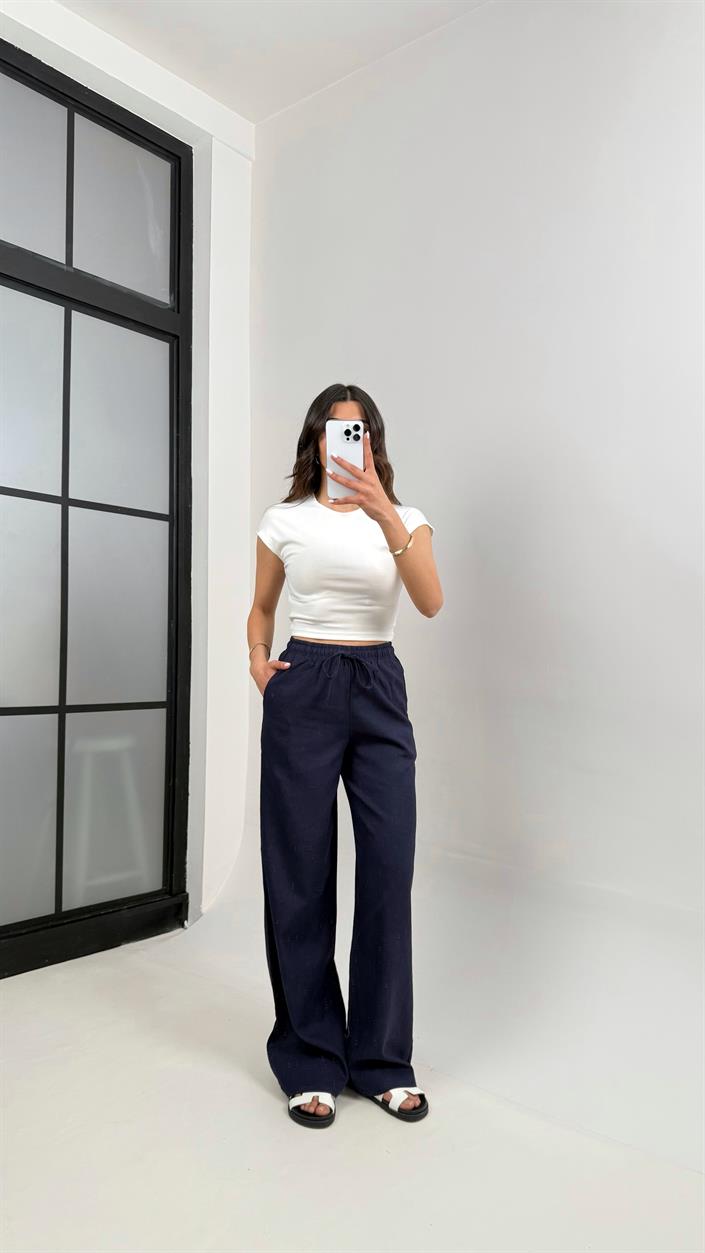 Lacivert Beli Lastikli Muadil Keten Pantolon Gaus00346