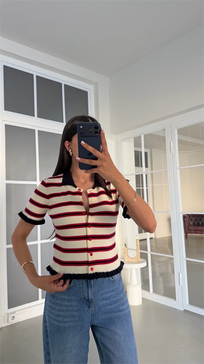 Krem Polo Yaka Çizgili Fırfır Yakalı Triko Hırka GAUS-02027