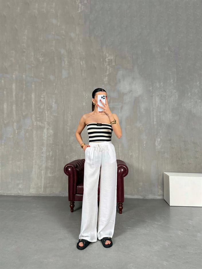 Beyaz Beli Lastikli Tensel Pantolon Gaus00212