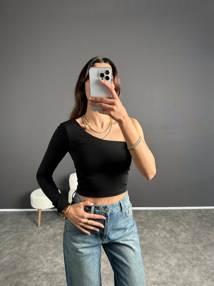 Siyah Tek Kol Basic Crop 