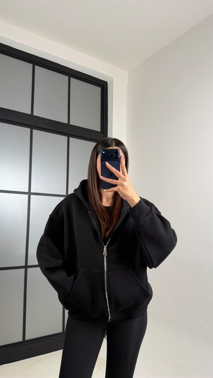 Siyah Kapüşonlu Şardonlu Hırka GAUS-00828