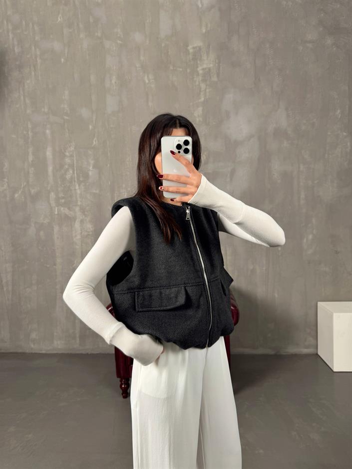 Exer Antrasit Fermuarlı Astarlı Kaşe Yelek