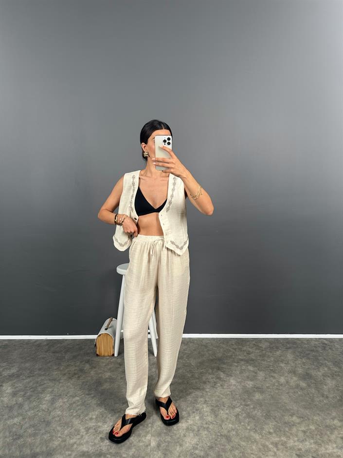 Menix Taş Müslin Kumaş Paçası Saçaklı Pantolon