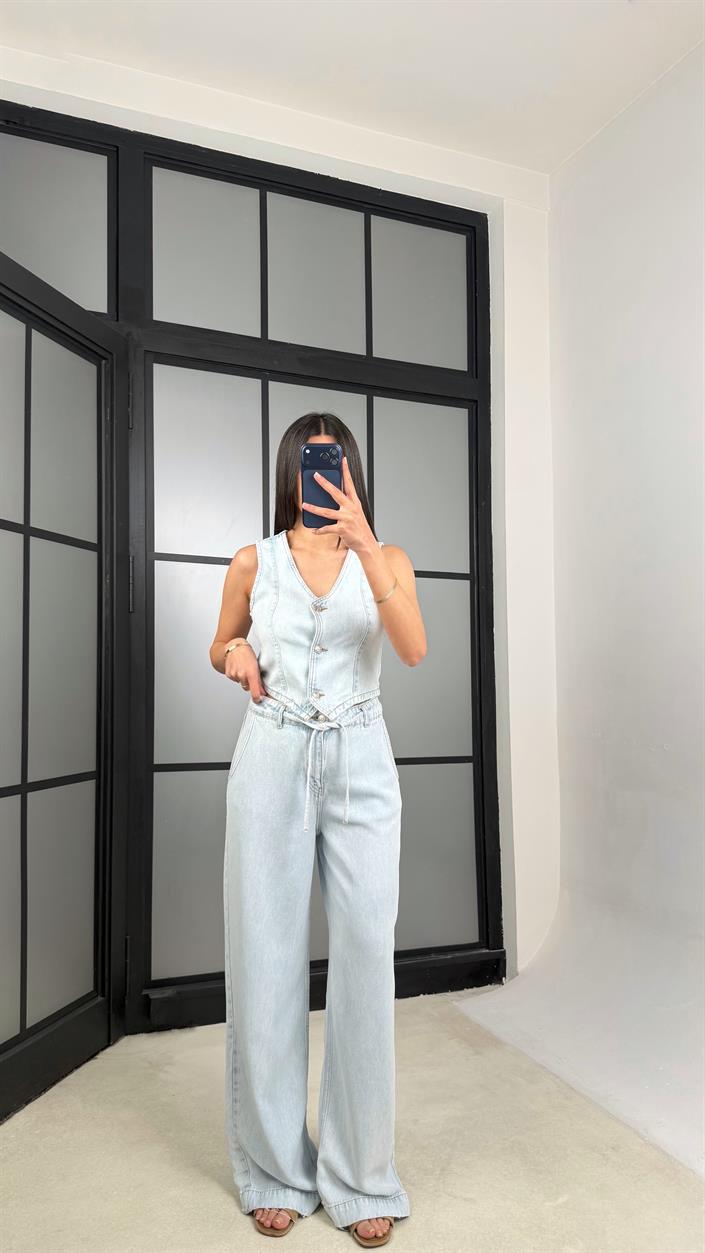 Buz Mavi Yelekli Beli Kuşaklı Pantolon İkili Denim Takım GAUS-01379