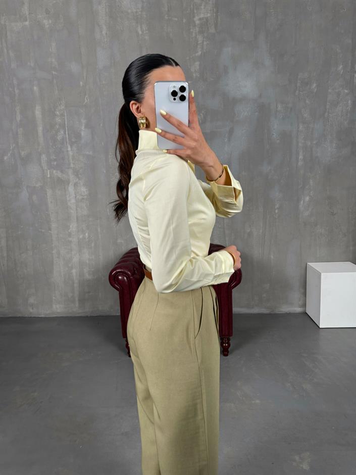 Yeşil Kemerli İthal Kumaş Palazzo Pantolon Gaus00090