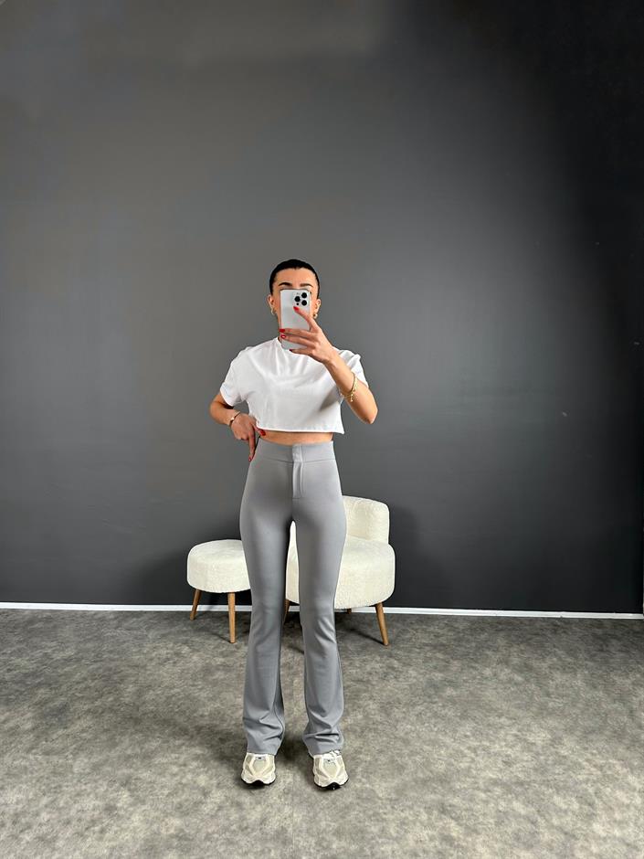 Penny Gri Yüksek Bel Kanca Düğmeli İspanyol Pantolon