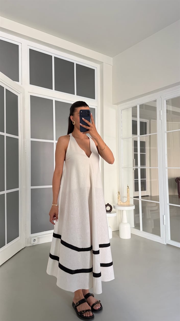 Beyaz Şerit Detaylı Premium Keten Elbise GAUS-01766