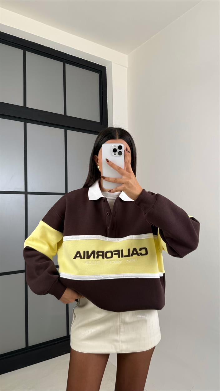 Kahve California Yazılı Şardonlu 3 İplik Sweatshirt GAUS-00471