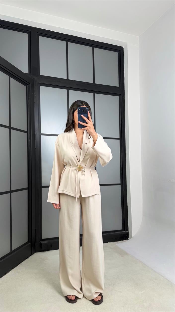 Taş Broş Detaylı Kimono Beli Lastikli Pantolon Takım GAUS-01345