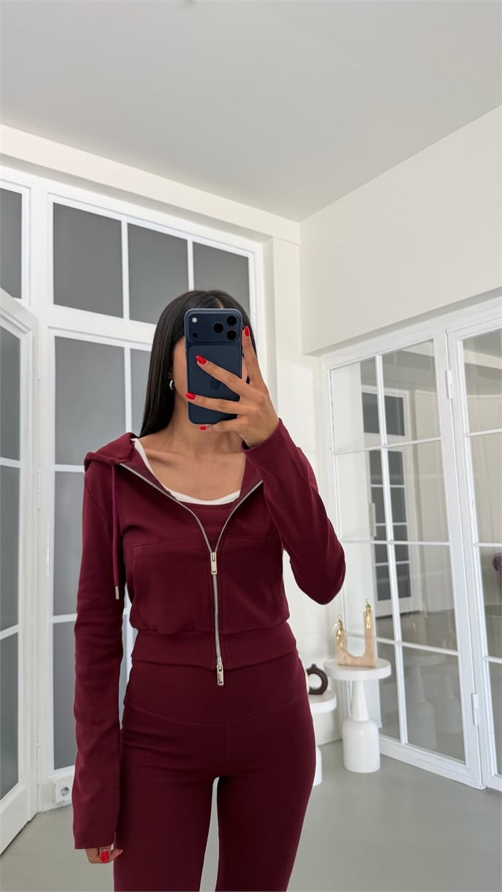 Mürdüm Hırka Crop Beli Lastikli Pantolon 3lü Basic Takım GAUS-01889