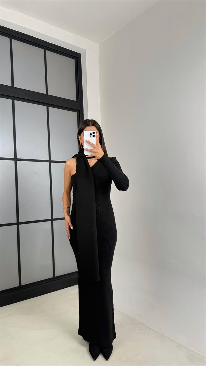 Siyah Tek Omuz Atkılı Triko Elbise GAUS-00223