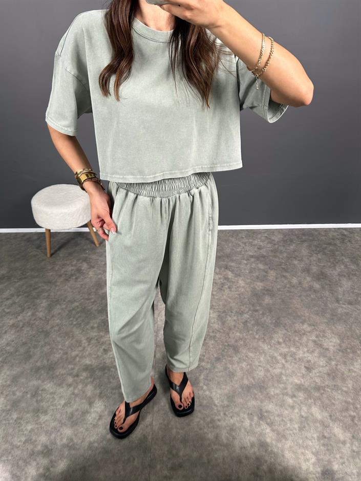 Ava Su Yeşili Yıkama Tshirt Pantolon İkili Takım