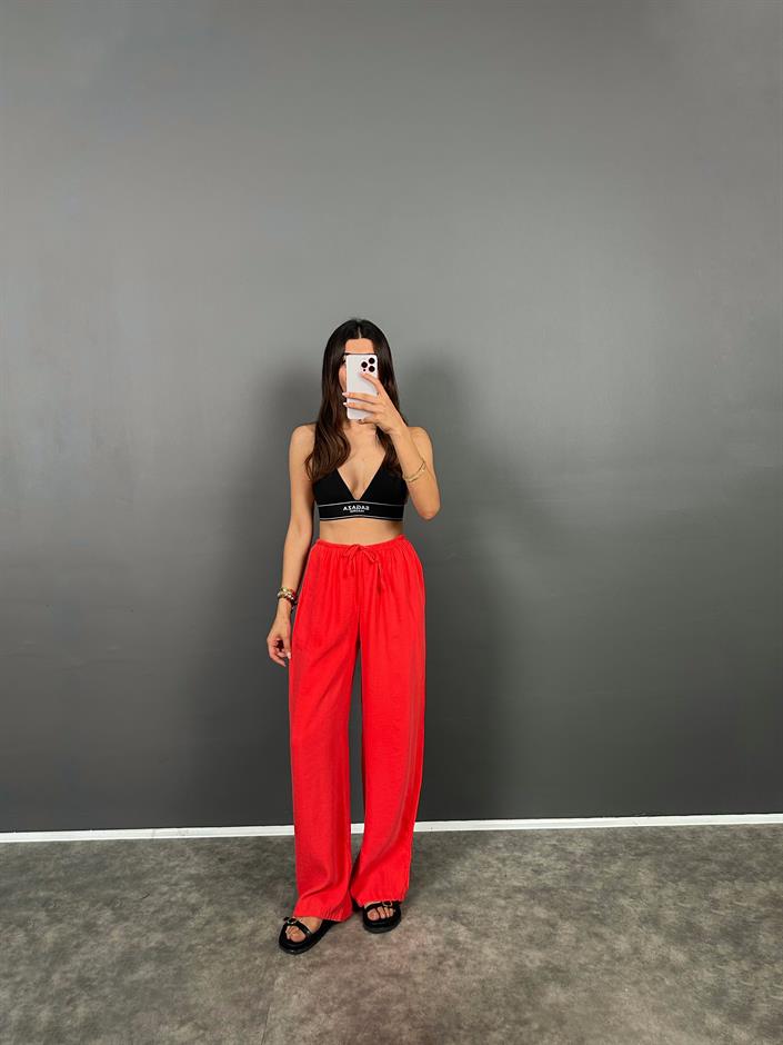 MD Nar Çiçeği Beli Lastikli Cepli  İthal Kumaş Rahat Dokuma Muadil Pantolon