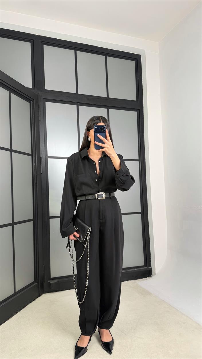 Siyah Vatkalı Gömlek Kemerli Pantolon İkili Tencel Takım GAUS-01319