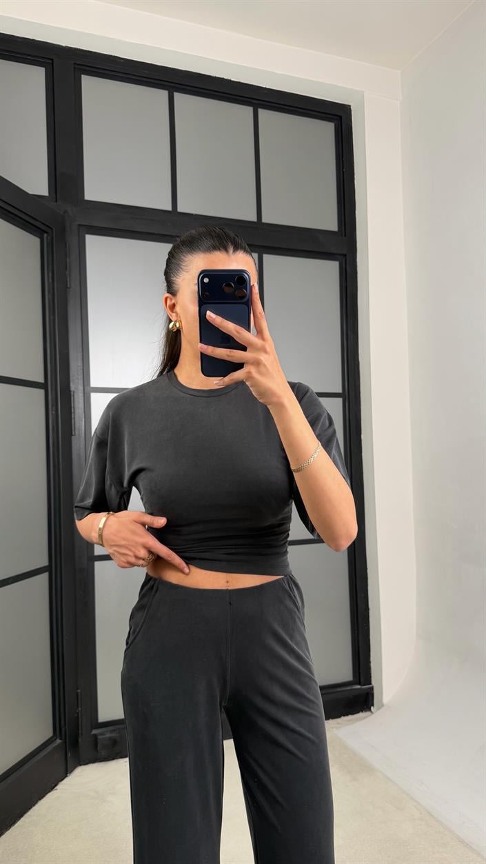 Siyah Bluz Beli Lastikli Pantolon Modal Muadil Takım GAUS-01547