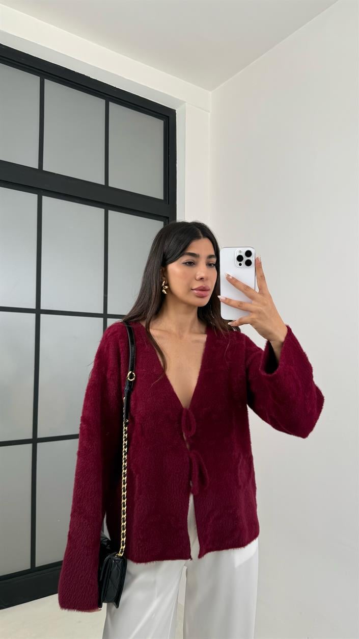 Bordo Önü Bağlamalı Premium Sakallı Hırka GAUS-0092