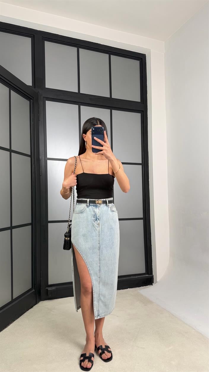 Buz Mavi Yırtmaçlı Denim Etek GAUS-01314