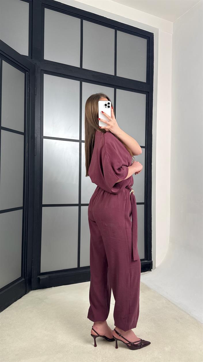 Mürdüm Gold Toka Detaylı Bluz Şalvar Pantolon İkli Tasarım Takım GAUS-01271