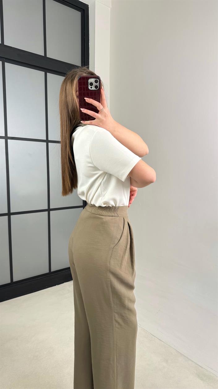 Haki Beli Lastikli Pile Detaylı Tencel Pantolon GAUS-00995