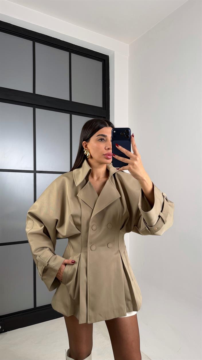 Haki Belden Oturtmalı Pile Detaylı Astarlı Trençkot GAUS-00683