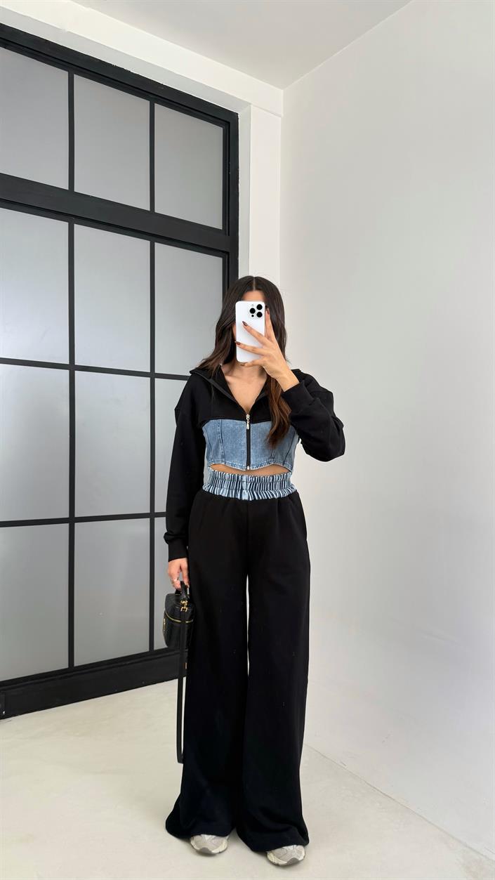 Siyah Denim Detaylı Kapüşonlu Hırka Beli Lastikli Pantolon Tasarım Takım GAUS-00444