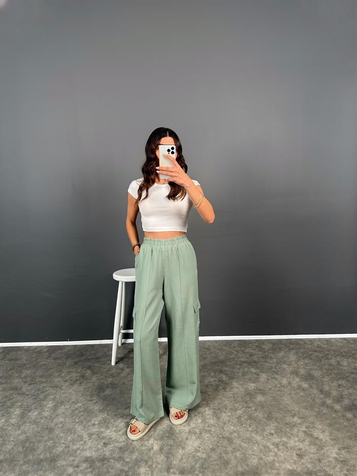 Mentha Mint Yeşili Kargo Cepli Keten Pantolon