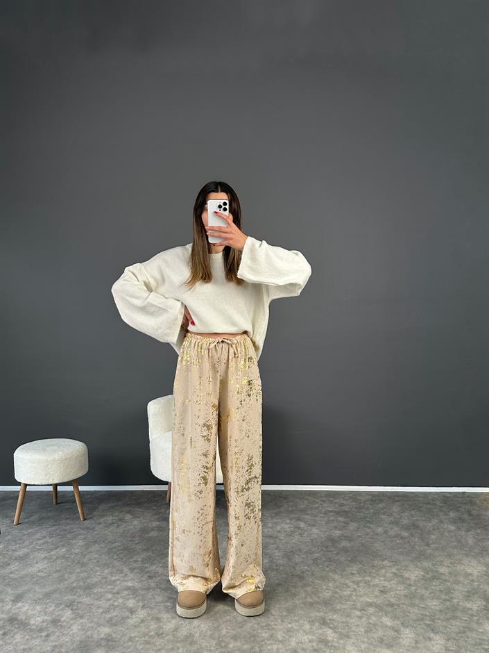 Bej Varak Baskılı İp Bağlamalı Pantolon