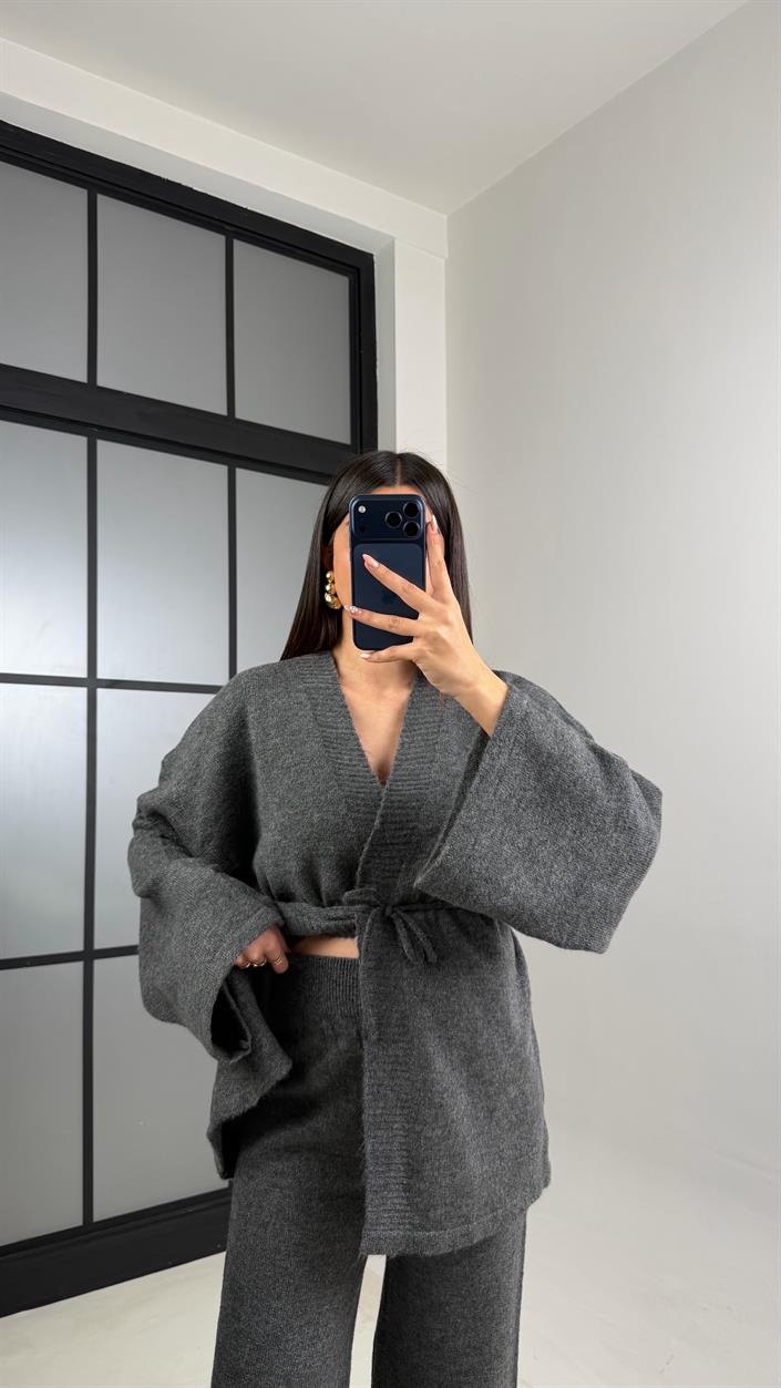 Antrasit Kuşaklı Hırka Beli Lastikli Pantolon Triko Takım GAUS-00848