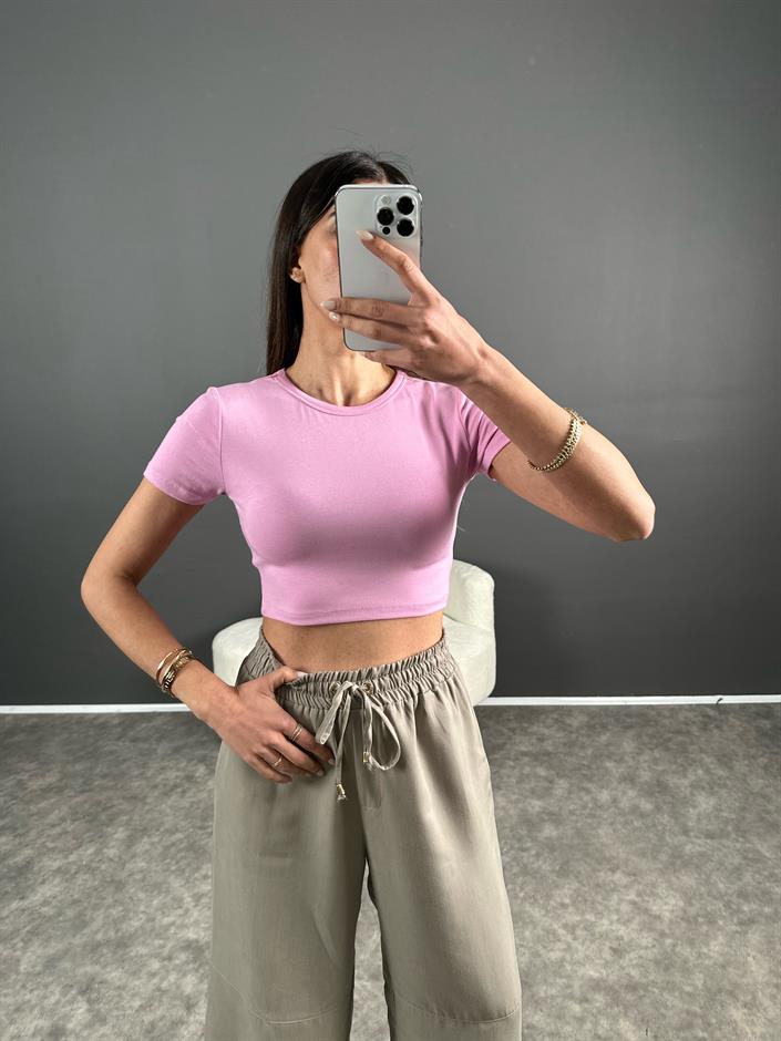 Ales Pembe Crop Basic Tshirt