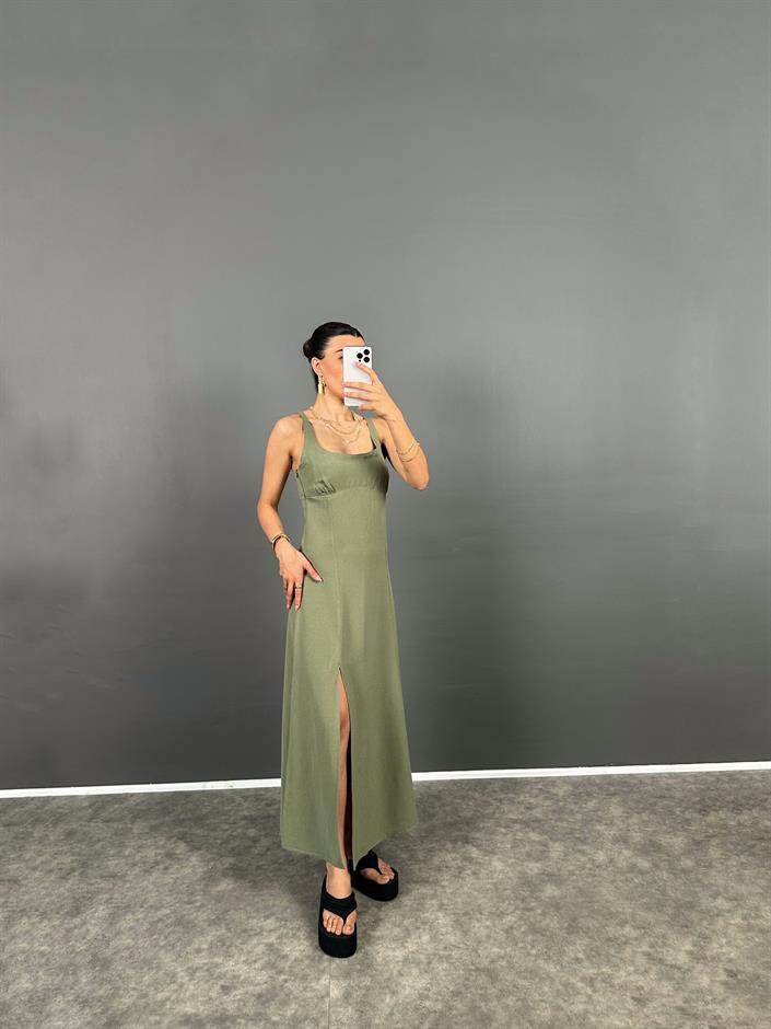 Uxor Haki Askılı Yırtmaçlı Uzun ZR Model Keten Elbise