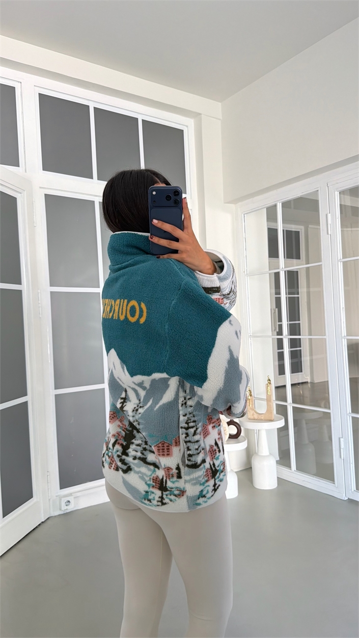 Ekru Petrol Yeşili Sırt Yazı Detaylı Fermuarlı Polar Sweatshirt GAUS-01911 GAUS-01916