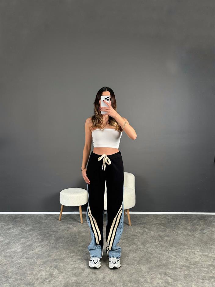 Premium Siyah Jean Şerit Detaylı Pantolon