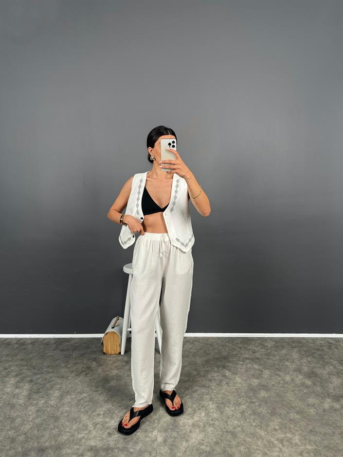 Menix Beyaz Müslin Kumaş Paçası Saçaklı Pantolon